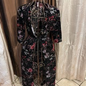 XHILARATION Duster Cardigan Tie - Black with PInk Red Flowers